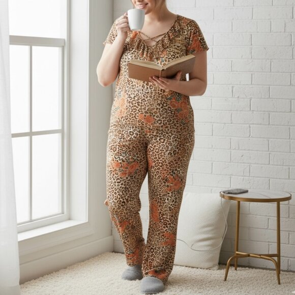 Women’s Soft Mesh Floral Leopard Pajama Set V Neck Top Elastic Waist Pants Sz M - Picture 1 of 16